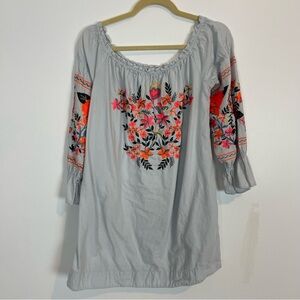 Free People Floral Embroidered off shoulder mini dress Cotton Gray pockets SZ XS